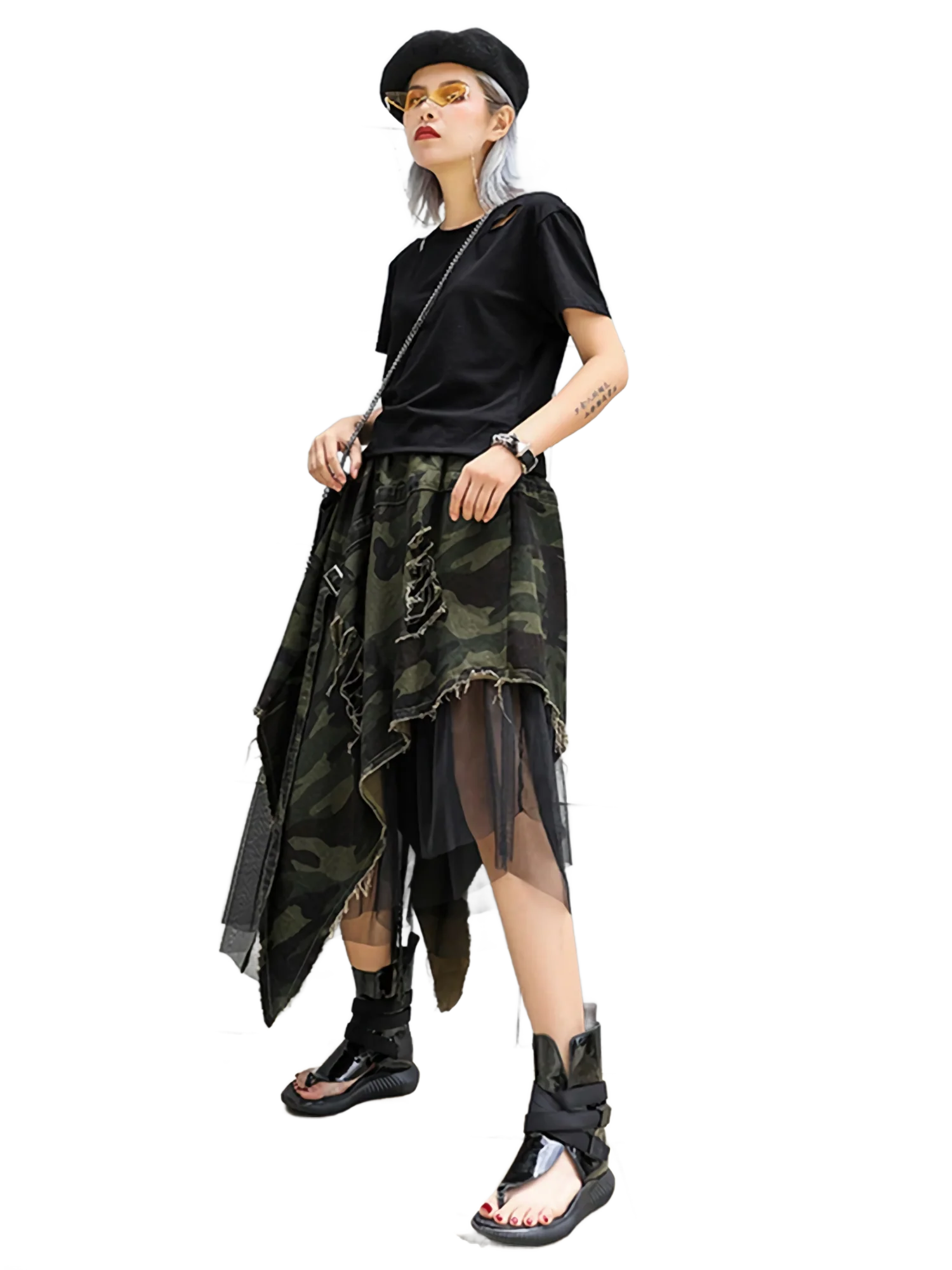 'Vanguard' Distressed Camo Denim Tulle Maxi Skirt - Image 2