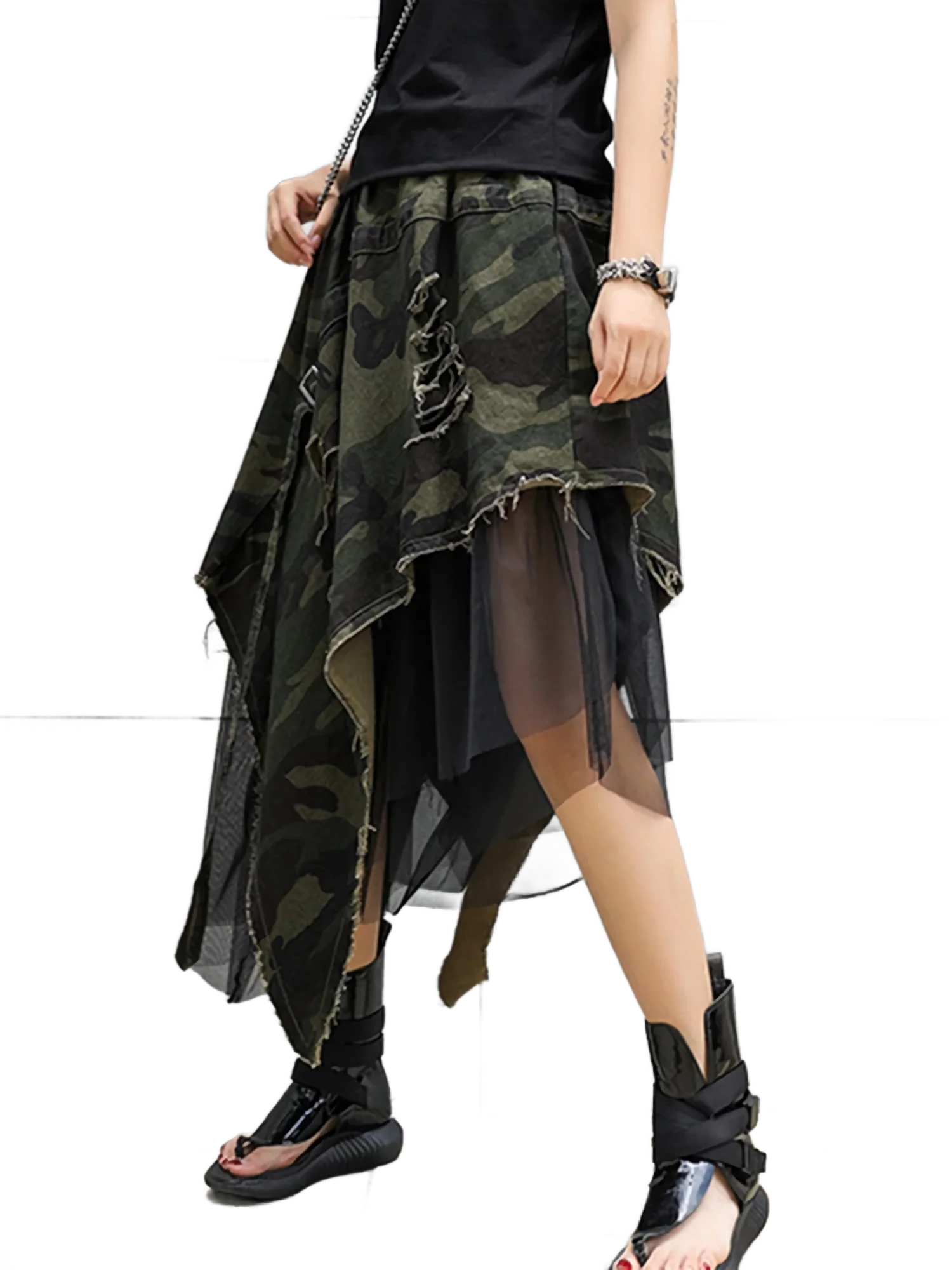 'Vanguard' Distressed Camo Denim Tulle Maxi Skirt - Image 3