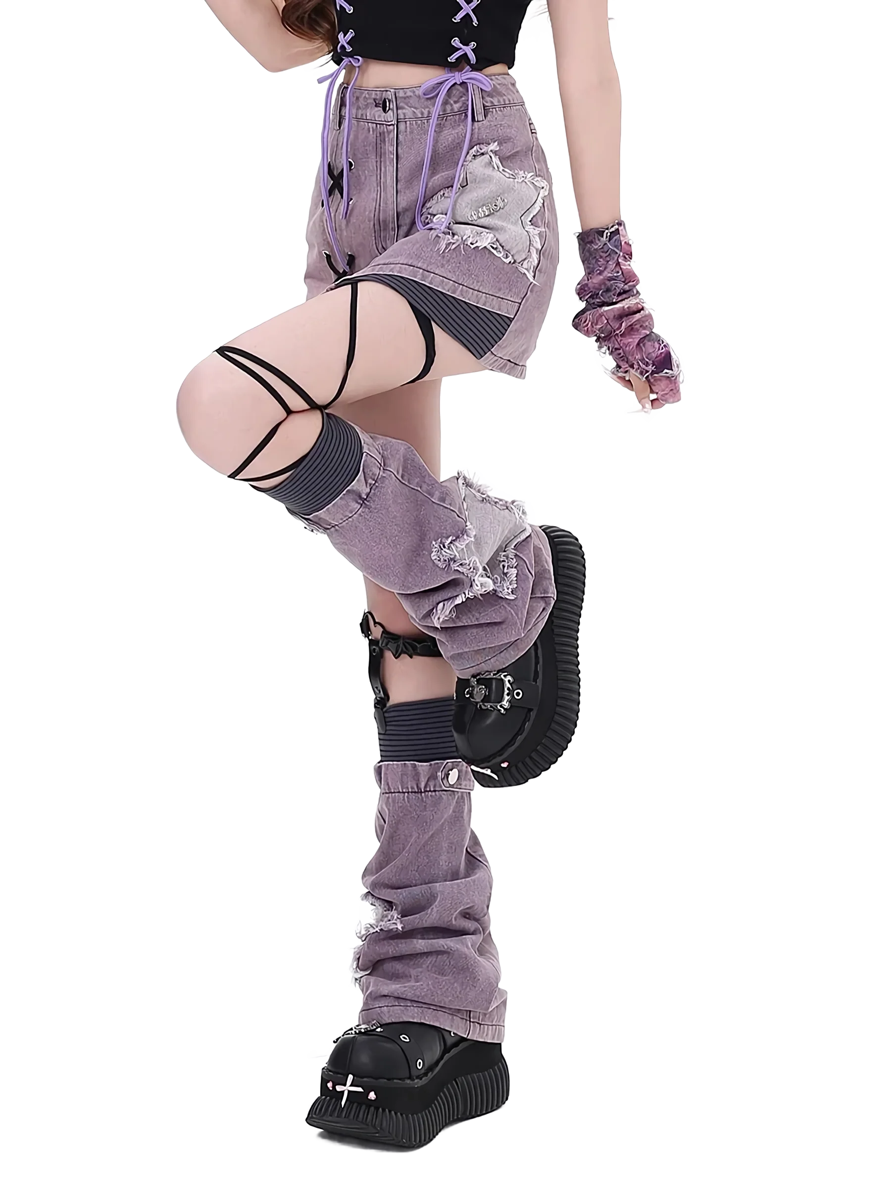 Violet Distressed Denim Slouch Leg Warmers - Image 2