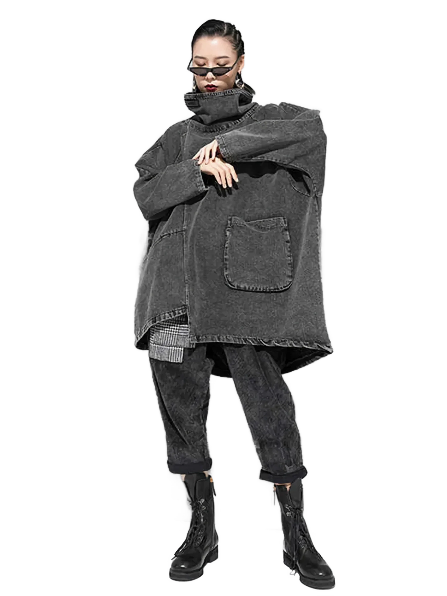 Washed Denim High-Neck Oversized Pocket Sweatshirt - Image 3