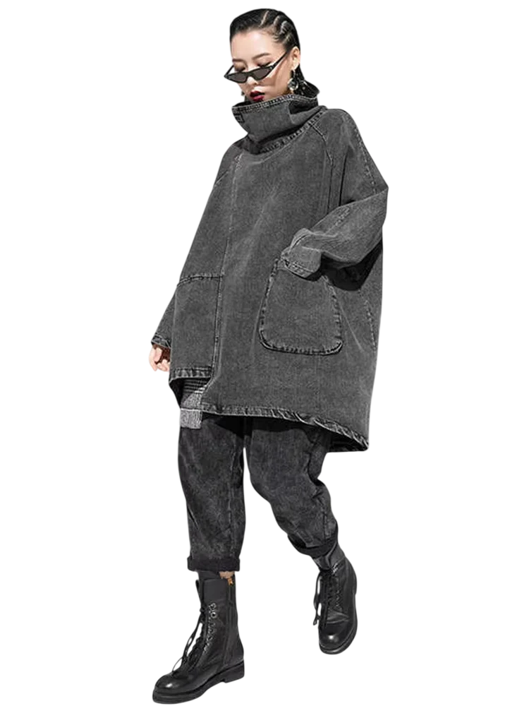 Washed Denim High-Neck Oversized Pocket Sweatshirt - Image 4