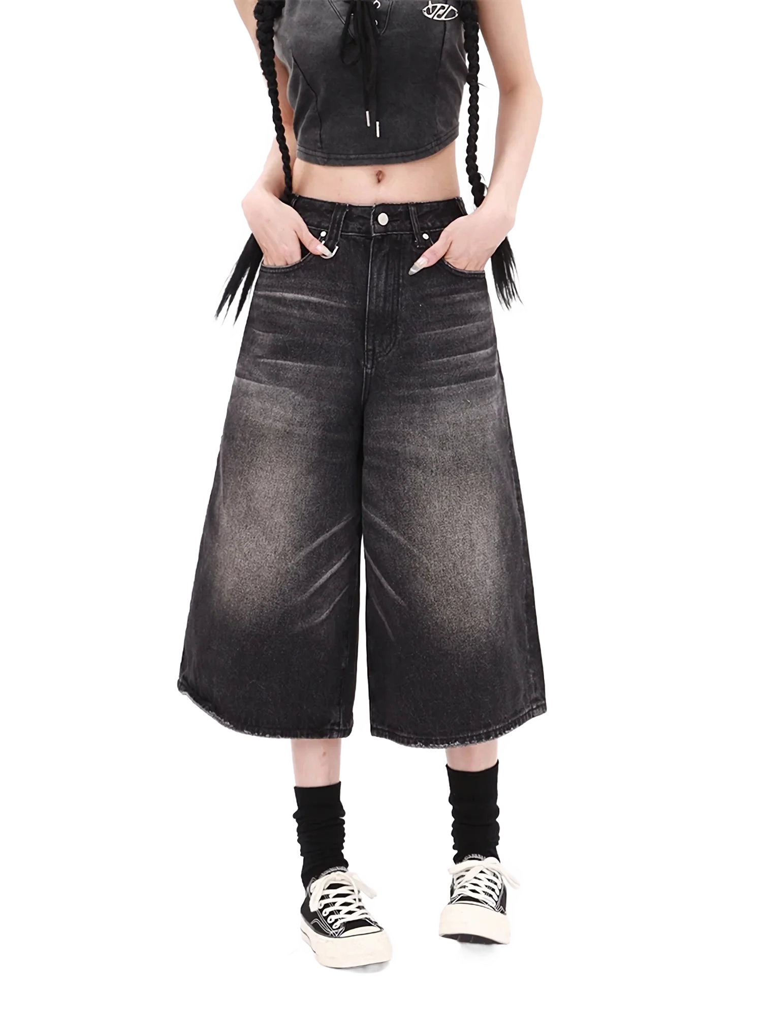 Wide-Leg Vintage Wash Black Denim Shorts