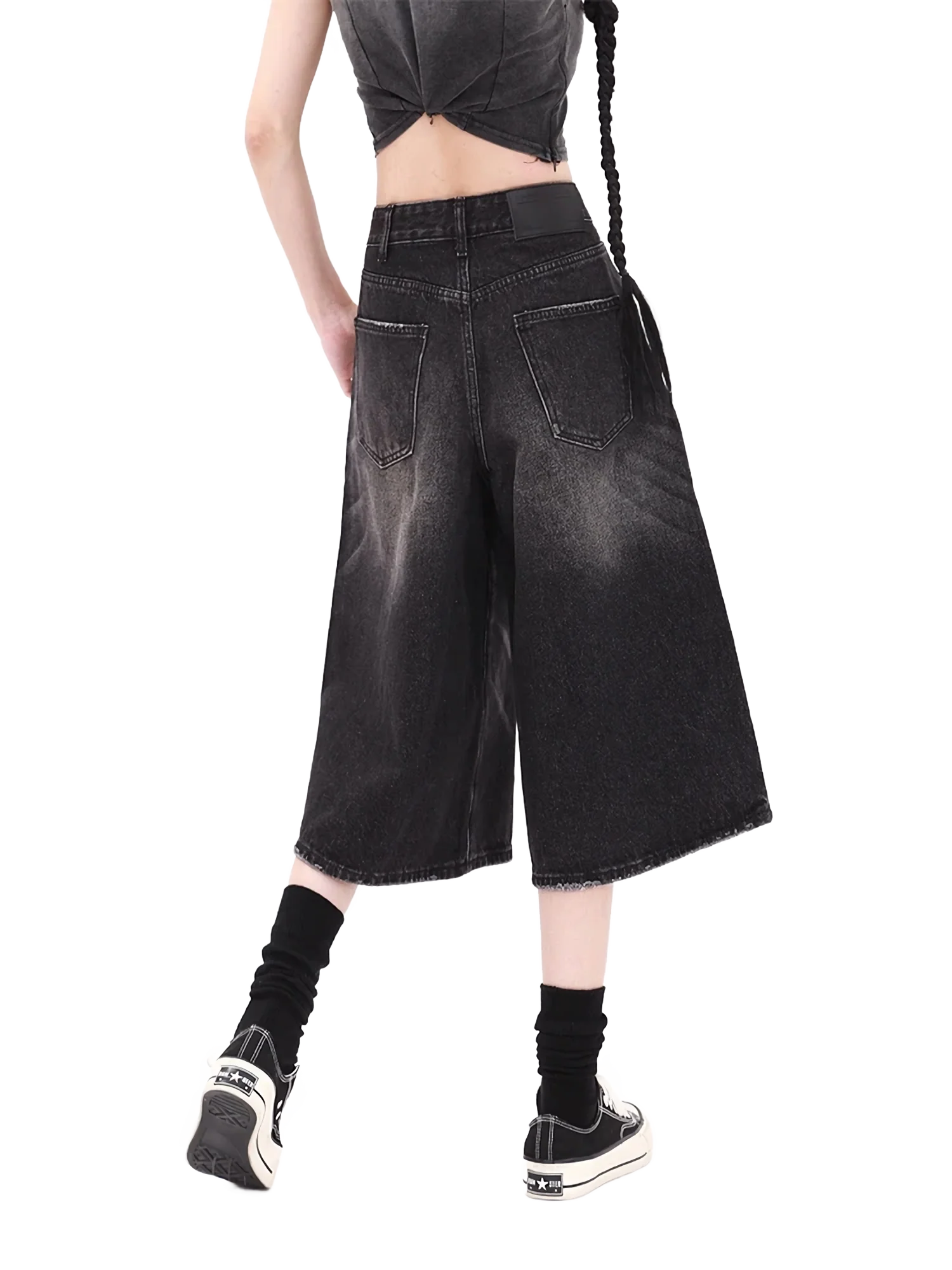 Wide-Leg Vintage Wash Black Denim Shorts - Image 2