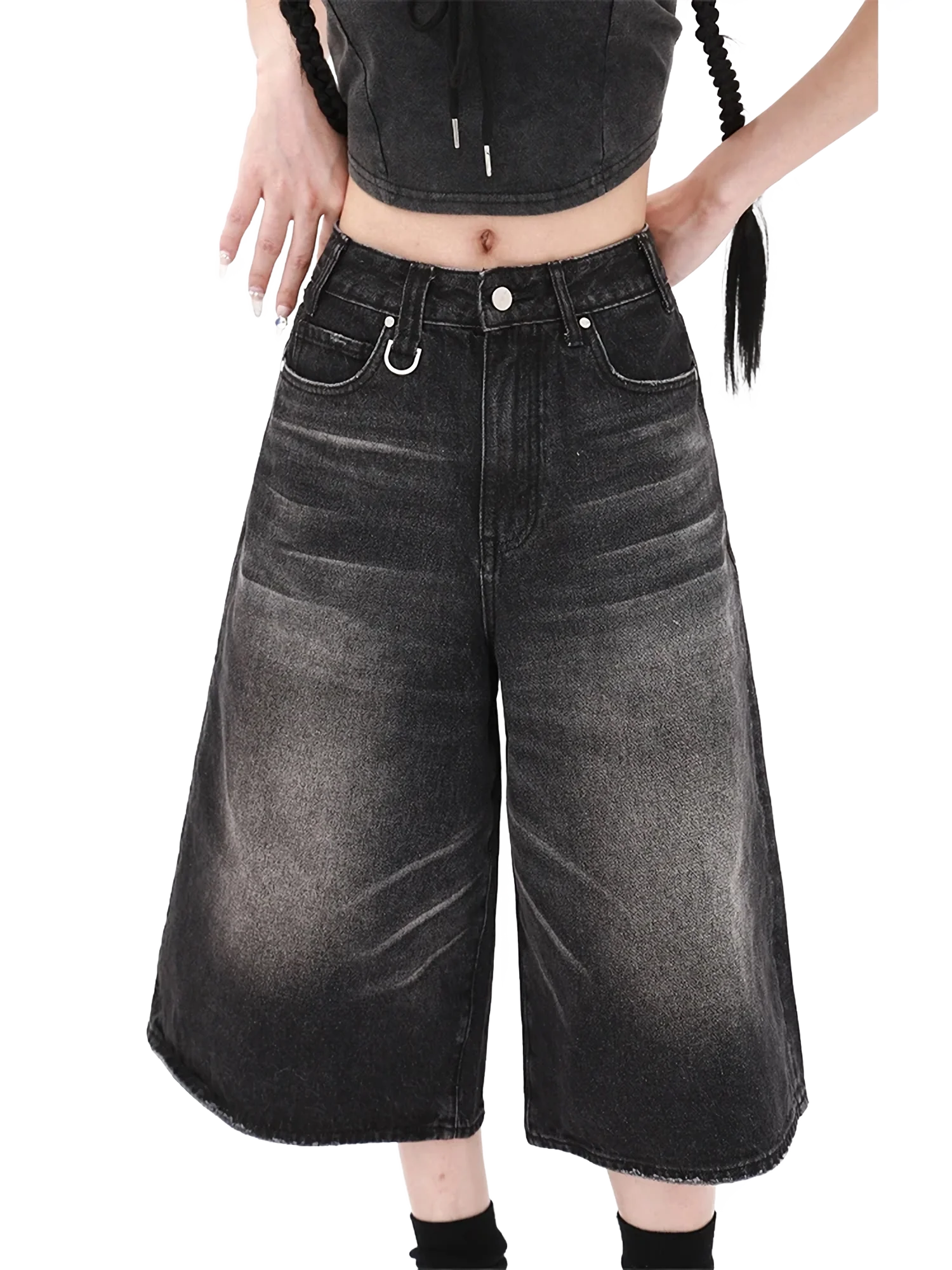 Wide-Leg Vintage Wash Black Denim Shorts - Image 3