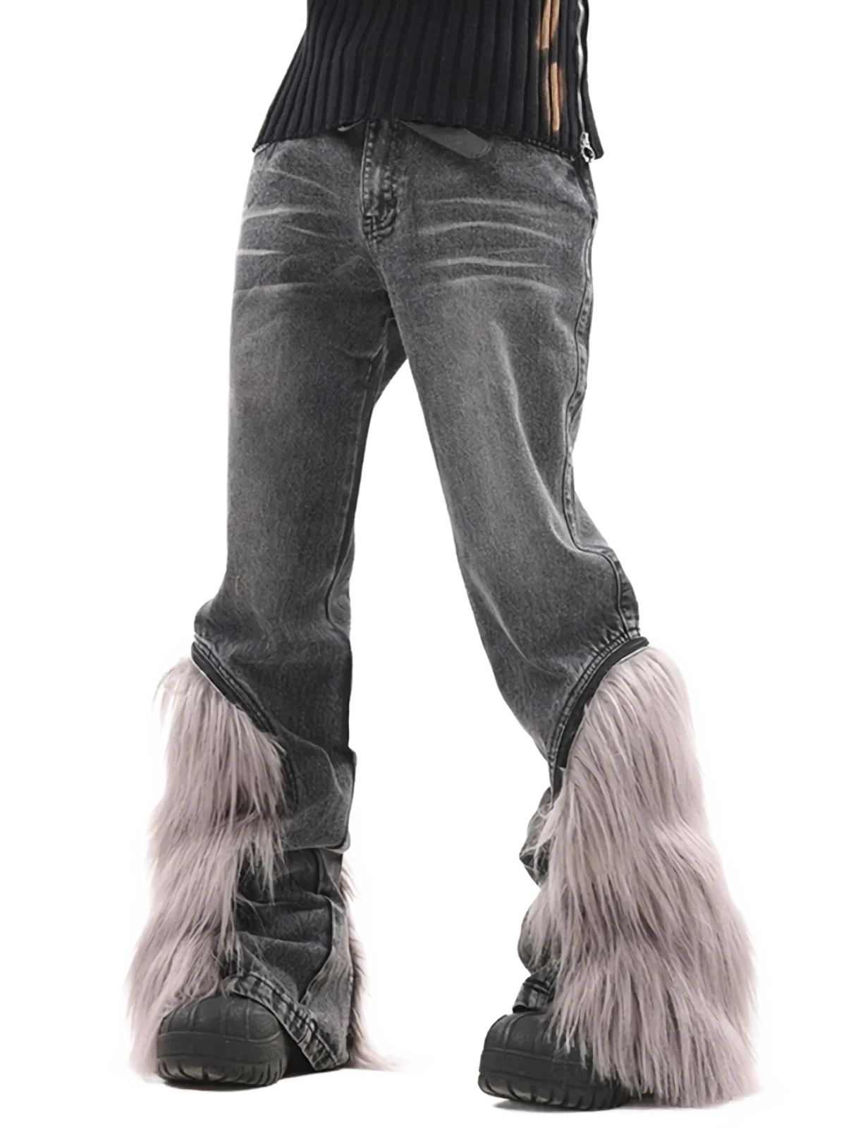 'Yeti' Fur Trimmed Bootcut Gray Denim Jeans - Image 2