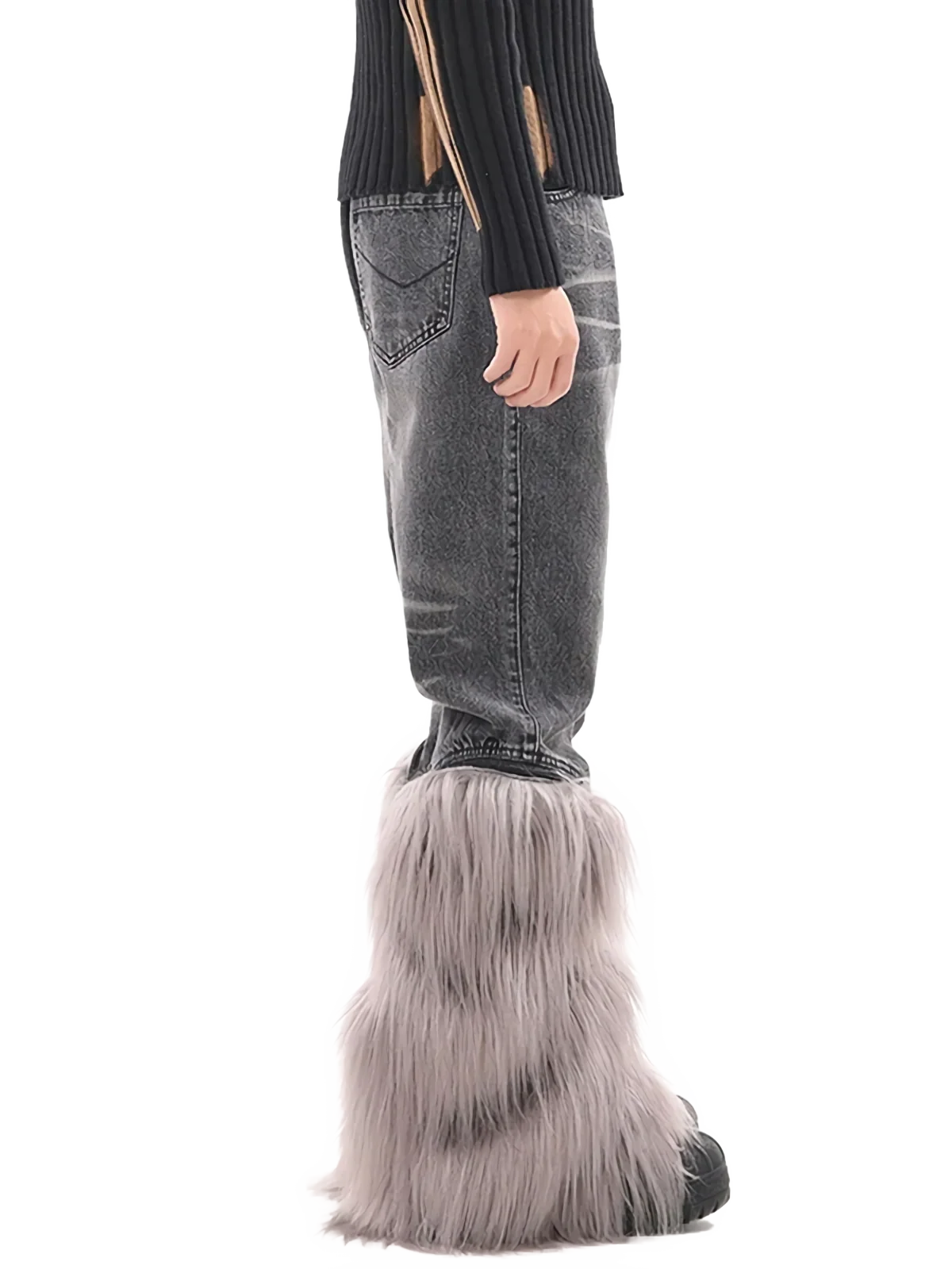 'Yeti' Fur Trimmed Bootcut Gray Denim Jeans - Image 3