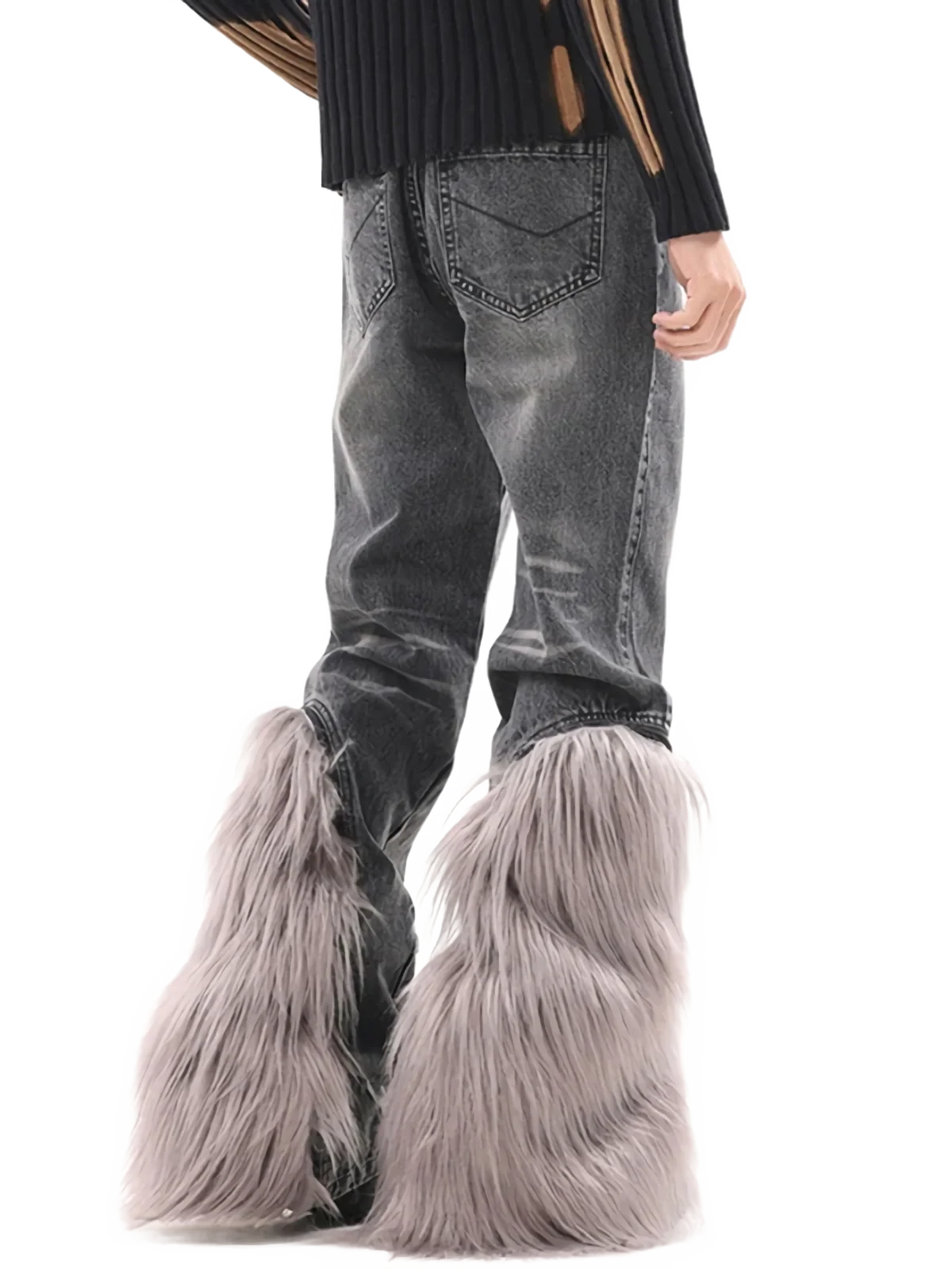 'Yeti' Fur Trimmed Bootcut Gray Denim Jeans - Image 4